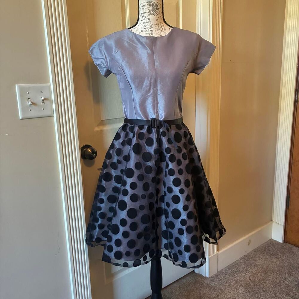 Vtg Retro Rockability Black Polka Dot & Silver Grey Satin Belted Cocktail Dress